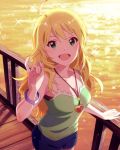  1girl :d ahoge artist_request blonde_hair bracelet green_eyes heart heart_necklace hoshii_miki idolmaster idolmaster_million_live! jewelry jpeg_artifacts long_hair necklace official_art open_mouth shorts smile solo tank_top 