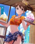  1girl :p alcohol beach beer blue_eyes bracelet brown_hair clouds crop_top floral_print food hair_ornament idolmaster idolmaster_million_live! jewelry licking_lips looking_at_viewer midriff navel necklace official_art ponytail sarong satake_minako shaved_ice shirt sky solo tied_shirt tongue tongue_out tray 