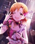  1girl artist_request brown_hair hair_ornament idolmaster idolmaster_million_live! jewelry midriff musical_note necklace official_art one_eye_closed short_hair smile tears wink yabuki_kana yellow_eyes 