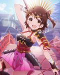  1girl :d arm_up armor armpits artist_request bandage brown_eyes brown_hair hair_ornament hairclip headband idolmaster idolmaster_million_live! japanese_clothes jewelry kasuga_mirai looking_at_viewer official_art one_side_up open_mouth skirt smile thighlet weapon wrist_wraps 