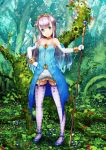  1girl absurdres argyle argyle_legwear bare_shoulders blue_hair blue_shoes blush dress elbow_gloves flower forest full_body gloves gradient_hair green_eyes hand_on_hip highres holding jewelry jumpei99 long_hair looking_at_viewer lots_of_jewelry multicolored_hair nature necklace outbreak_company outdoors patterned_legwear petralka_anne_eldant_iii purple_hair shoes solo staff standing thigh-highs tiara tree white_gloves 