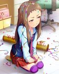  1girl artist_request blue_shirt book bookshelf box brown_eyes brown_hair cardboard_box chair clock collared_shirt computer_keyboard computer_mouse confetti corded_phone desk dress_shirt frown hands_on_lap idolmaster idolmaster_cinderella_girls idolmaster_cinderella_girls_starlight_stage indoors koseki_reina long_hair long_sleeves looking_away miniskirt monitor necktie office office_chair official_art on_floor over-kneehighs party_popper phone plaid plaid_skirt pleated_skirt purple_legwear purple_necktie red_skirt safety_pin seiza shirt shoes sitting skirt sneakers solo striped striped_legwear striped_necktie sweatdrop sweater_vest thigh-highs tile_floor tiles violet_eyes 