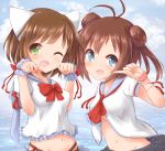  2girls :d ;d animal_ears antenna_hair blue_eyes bow brown_hair cat_ears clouds crossover double_bun fang green_eyes hair_bun idolmaster idolmaster_cinderella_girls kantai_collection kisa_(k_isa) maekawa_miku midriff miniskirt multiple_girls naka_(kantai_collection) navel no_bra ocean one_eye_closed open_mouth paw_pose scarf school_uniform serafuku short_hair skirt smile wink 