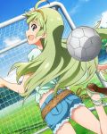  1girl :d ahoge aqua_eyes artist_request ass ball goal green_hair hairband idolmaster idolmaster_million_live! long_hair looking_back official_art open_mouth shimabara_elena shorts smile soccer_ball 