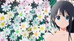  1girl 3: bare_shoulders black_hair blue_eyes flower highres kitashirakawa_tamako kyoto_animation looking_at_viewer mole official_art solo tamako_love_story tamako_market 