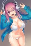  1girl bikini breasts cleavage headphones highres hullabaloo jacket leaning_forward long_hair looking_at_viewer navel nitroplus one_eye_closed open_clothes open_jacket open_mouth pink_eyes pink_hair shiny shiny_skin side-tie_bikini solo super_sonico swimsuit thigh_gap white_swimsuit wince wink 