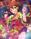  1girl ;d audience blue_eyes blush bow bracelet brown_hair earrings hair_bow idolmaster idolmaster_million_live! japanese_clothes jewelry kimono looking_at_viewer microphone official_art one_eye_closed open_mouth ponytail satake_minako smile water waterfall wink 