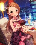  1girl alcohol blush bracelet brown_eyes brown_hair champagne chocolate chocolate_covered city city_lights cityscape d: dress earrings feeding floral_print fondue food foreshortening fruit headband idolmaster idolmaster_million_live! jewelry long_hair minase_iori musical_note necklace night open_mouth pantyhose print_dress strawberry window 