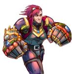  1boy armor belt bulge genderswap gloves goggles goggles_on_head league_of_legends pink_hair red_eyes ripushko tattoo vi_(league_of_legends) 