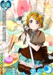  1girl apron bow brown_hair brown_legwear candy card_(medium) character_name food_themed_hair_ornament frilled_skirt frills gloves hair_bow hair_ornament hair_ribbon koizumi_hanayo lollipop looking_at_viewer love_live!_school_idol_festival love_live!_school_idol_project macaron neck_ribbon official_art oversized_object pinstripe_pattern ribbon seiza short_hair sitting skirt smile solo striped striped_legwear sweets thigh-highs violet_eyes 