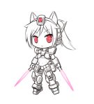  1girl animal_ears beam_saber chibi dog_ears gm_sniper_k9 gundam gundam_build_fighters langbazi mecha_musume monochrome ponytail red_eyes 