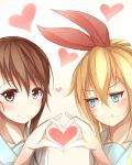  2girls blonde_hair blue_eyes blush brown_eyes brown_hair collarbone hair_ribbon heart heart_hands heart_hands_duo highres inushi kirisaki_chitoge multiple_girls nisekoi onodera_kosaki pout ribbon school_uniform serafuku smile 