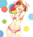  1girl ;d amami_haruka ball beachball bikini blush brown_hair colored front-tie_top green_eyes hair_ribbon highres hokke_(aki_316527) holding idolmaster looking_at_viewer one_eye_closed open_mouth pink_bikini polka_dot polka_dot_background polka_dot_bikini polka_dot_swimsuit red_bikini ribbon short_hair side-tie_bikini smile solo standing swimsuit wink 