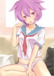  1girl blush highres kantai_collection panties paw_pose personification pink_eyes purple_hair school_uniform short_hair short_sleeves sitting solo tama_(kantai_collection) underwear wa_(genryusui) 