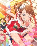  2girls ;d ^_^ brown_hair christmas closed_eyes earrings futami_ami futami_mami grin idolmaster idolmaster_million_live! jewelry jpeg_artifacts merry_christmas multiple_girls musical_note official_art one_eye_closed open_mouth santa_costume siblings side_ponytail signature smile thigh_strap wink 