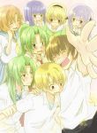  2boys 6+girls :/ ^_^ arm_grab bangs blonde_hair blue_hair blunt_bangs blush brother_and_sister brown_hair closed_eyes furude_rika green_eyes green_hair hairband half_updo hanyuu higurashi_no_naku_koro_ni houjou_satoko houjou_satoshi jealous lavender_hair looking_at_viewer maebara_keiichi multiple_boys multiple_girls no_naku_koro_ni_(series) nuancho ponytail red_eyes ryuuguu_rena ryuukishi07 school_uniform serafuku shirt short_hair short_sleeves siblings sisters smile sonozaki_mion sonozaki_shion teruteru twins 