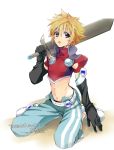  10s 1boy 2014 bad_id bangs belt black_gloves blonde_hair blue_eyes character_name copyright_name dated full_body gloves hair_between_eyes hands holding kneeling kyle_dunamis long_image looking_at_viewer male_focus merii midriff navel open_mouth pants puffy_sleeves red_shirt shadow shirt shoes short_hair simple_background solo spiky_hair striped striped_pants sword tales_of_(series) tales_of_destiny tales_of_destiny_2 tall_image turtleneck vertical_stripes weapon white_background 
