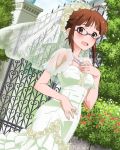  1girl :d akizuki_ritsuko antenna_hair artist_request blush brown_eyes brown_hair character_name dress embarrassed flower glasses hair_bun hair_ornament hand_on_own_chest idolmaster idolmaster_million_live! jewelry necklace official_art open_mouth smile solo sweat veil wedding_dress 