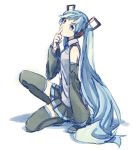  1girl blue_eyes blue_hair expressionless finger_to_mouth full_body hatsune_miku head_tilt iko_(i-my-16) long_hair looking_at_viewer shirt sitting skirt sleeveless sleeveless_shirt solo twintails very_long_hair vocaloid 