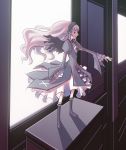  1girl black_wings boots dress expressionless floating_hair flower frills full_body hairband long_hair long_sleeves looking_away mao_(daiou) outstretched_hand puffy_sleeves rose rozen_maiden silver_hair solo suigintou very_long_hair window wings 