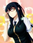 1girl adjusting_glasses amase_(yagami666) bespectacled black_hair breasts glasses green_eyes kagari_ayaka large_breasts long_hair necktie red-framed_glasses school_uniform solo sparkle upper_body witch_craft_works 