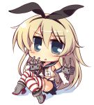  1girl blonde_hair blue_eyes chibi elbow_gloves gloves hairband kantai_collection long_hair matatabi_(nigatsu) navel personification shimakaze_(kantai_collection) skirt solo striped striped_legwear thigh-highs 