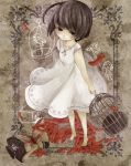  1girl bangs barefoot birdcage black_eyes black_hair blunt_bangs bob_cut cage chalk drawing dress edo. eleanor_(rule_of_rose) feathers full_body holding light_smile looking_at_viewer pale_skin rule_of_rose short_hair smile solo standing white_dress 