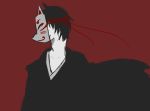  1boy black_hair color_blackground fox_mask japanese_clothes kimono male_focus mask red_background solo yukata_(yume_2kki) yume_2kki 