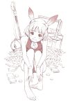  1girl animal_ears bare_legs bare_shoulders barefoot bunnysuit character_request coin crown facial_mark feet female full_body gloves halterneck hands head_tilt legs loan_knight looking_at_viewer money monochrome rabbit_ears scepter short_hair simple_background sitting sketch sleeveless smile solo sword toes treasure_chest weapon white_background yoshitomi_akihito 