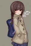  1girl bag breath brown_hair coat expressionless hands_in_pockets long_hair looking_at_viewer madotsuki mirin_(1815815) mouth_hold pocky red_eyes school_bag skirt solo twintails winter_clothes yume_nikki 