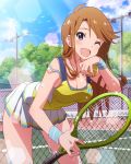  1girl ;d artist_request bent_over blue_eyes blush breasts brown_hair chain-link_fence cleavage dripping fence hot idolmaster idolmaster_million_live! jewelry jpeg_artifacts lens_flare long_hair looking_at_viewer necklace official_art one_eye_closed open_mouth racket skirt smile solo sportswear strap_slip sweat sweating tank_top tennis_net tennis_racket tennis_uniform tokoro_megumi wink wiping_sweat wristband 