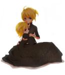  1boy 1girl abcity black_dress blonde_hair blue_eyes brother_and_sister dress expressionless hug kagamine_len kagamine_rin looking_at_viewer lowres ponytail shirt short_hair siblings sitting toto_momoko twins vocaloid 