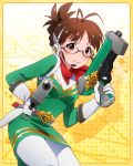  1girl akizuki_ritsuko brown_eyes brown_hair dual_wielding folded_ponytail glasses gloves gun headset idolmaster idolmaster_million_live! looking_at_viewer official_art pantyhose smile weapon yellow_background 