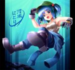  1girl blue_eyes blue_hair blush boots breasts bubble clothes_around_waist gloves gyokuto_b hair_bobbles hair_ornament hat jacket jacket_around_waist kawashiro_nitori key open_mouth pants rock short_hair skirt smile solo text touhou twintails underwater 