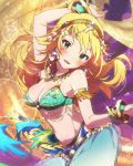  1girl ahoge armlet artist_request blonde_hair blush bracelet breasts cleavage dancer dancing earrings green_eyes headband hoshii_miki idolmaster idolmaster_million_live! jewelry long_hair looking_at_viewer lots_of_jewelry navel necklace official_art 