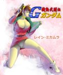  1girl belt breasts brown_hair character_name cleavage copyright_name earrings g_gundam gun gundam hairband handgun huge_breasts jewelry legs lips panties pantyshot parted_lips rain_mikamura solo underwear upskirt wakino_keibun weapon 