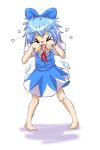  &gt;_&lt; 1girl bad_id barefoot blue_eyes blue_hair bow cirno closed_eyes crying dress facing_viewer fairy hair_bow hands_on_own_face ice l_(negaeru) open_mouth short_hair simple_background touhou white_background 