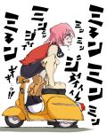  00s 1girl boots flat_tire flcl gloves goggles grin ground_vehicle haruhara_haruko highres motor_vehicle pink_hair scarf scooter short_hair smile solo vehicle vespa yes_hammy 