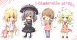  4girls apron bad_id beamed_quavers bike_shorts chibi clothes_writing copyright_name dress futaba_anzu gothic_lolita idolmaster idolmaster_cinderella_girls kanna0 kanzaki_ranko lolita_fashion mochida_arisa multiple_girls musical_note outline pants quaver shirt striped stuffed_animal stuffed_bunny stuffed_toy t-shirt yusa_kozue 