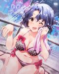 1boy 1girl :p ;p bikini blue_hair blush bow breasts brown_eyes castle cleavage dutch_angle idolmaster idolmaster_million_live! looking_at_viewer messy_hair navel official_art one_eye_closed open_mouth polka_dot polka_dot_bikini polka_dot_swimsuit short_hair sitting sparkle stage_lights swimsuit tongue tongue_out towel toyokawa_fuuka wariza wink 