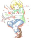  1girl a_(nostalgic) androgynous bad_id blonde_hair book child_drawing copyright_name crayon lying midorikuzira nostalgic pants shirt shoes short_hair short_sleeves sleeping smile solo t-shirt tears 