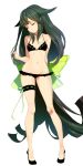  1girl absurdly_long_hair arms_behind_back bare_shoulders bikini black_bikini bow closed_eyes frilled_bikini frills gatchaman_crowds green_hair hair_bow kii_(theory) leg_garter legs long_hair long_legs low-tied_long_hair ribbon solo swimsuit thighs tied_hair utsutsu very_long_hair 