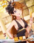  1girl ;d blue_eyes bracelet breasts brown_hair cleavage cup dress earrings formal idolmaster idolmaster_million_live! jewelry long_hair lots_of_jewelry necklace official_art one_eye_closed open_mouth smile sparkle tokoro_megumi wine_glass wink 