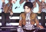  1girl 4boys :d ascot bench black_hair blade blue_eyes blue_sky dewitri emblem erd_gin head_out_of_frame highres jacket levi_(shingeki_no_kyojin) long_sleeves military military_uniform multiple_boys open_clothes open_jacket open_mouth park_bench petra_ral running shingeki_no_kyojin sitting sky smile solo_focus three-dimensional_maneuver_gear uniform 