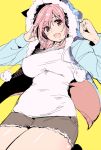  1girl blush breasts headphones hood large_breasts looking_at_viewer nitroplus open_mouth pink_eyes pink_hair simple_background smile solo spanking_momoko super_sonico yellow_background 