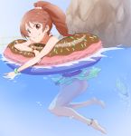  1boy 1girl anklet barefoot bracelet brown_hair doughnut food highres idolmaster idolmaster_cinderella_girls innertube jewelry long_hair ocean p-head_producer pier ponytail producer_(idolmaster) red_eyes rock shiina_noriko smile swimming swimsuit water 