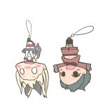  2girls black_hair blonde_hair blush_stickers chibi elbow_gloves gloves hair_ribbon hairline inishie kantai_collection keychain machinery mogami_(kantai_collection) multiple_girls navel o_o open_mouth personification rensouhou-chan ribbon shimakaze_(kantai_collection) sleeves_past_wrists striped striped_legwear thigh-highs turret upside-down 