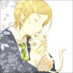  1boy animal bangs blonde_hair cat closed_eyes fingers formal fur green_necktie hands hideki_sohta holding hug light_smile male_focus misao necktie parted_bangs shadow shinkaisakana simple_background size_difference solo suit tears tree_branch upper_body white_background 