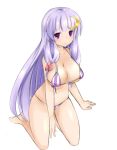  1girl bad_id bikini bow breasts cleavage crescent crescent_hair_ornament female hair_bow hair_ornament kneeling large_breasts long_hair micro_bikini patchouli_knowledge purple_hair salmon_(saaamon) simple_background skindentation solo striped striped_bikini striped_swimsuit swimsuit temperature touhou violet_eyes white_background 
