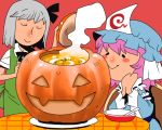  2girls apron blush closed_eyes dish food hairband halloween hat jack-o&#039;-lantern japanese_clothes konpaku_youmu long_sleeves multiple_girls onikobe_rin pink_hair pumpkin pumpkin_soup ribbon saigyouji_yuyuko short_hair short_sleeves silver_hair sitting skirt smelling smile soup spoon touhou triangular_headpiece wide_sleeves 